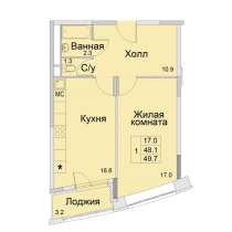 1-к квартира, улица Советская, дом 1, площадь 49,7, этаж 10, в Королёве