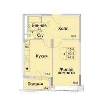 1-к квартира, улица Советская, дом 1, площадь 44,9, этаж 10, в Королёве