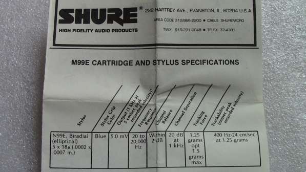 Картридж, головка звукоснимателя Shure M 99E в 