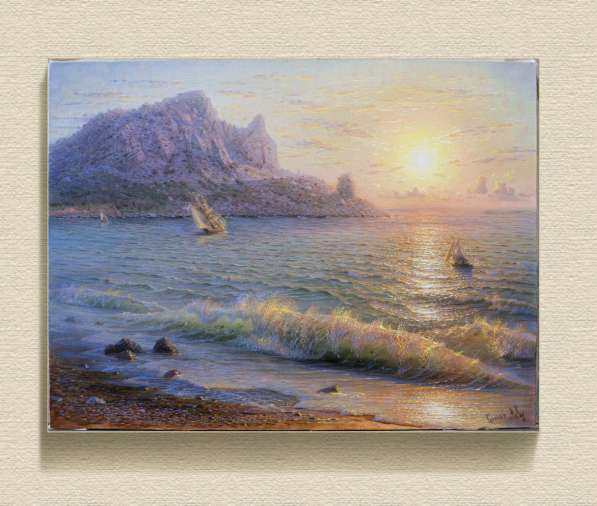 Картина маслом на холсте. Море. Восход солнца. Голубой залив