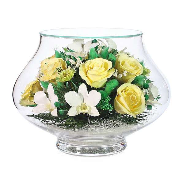 Розы кремовые и желтые в вазах из стекла в Москве фото 3