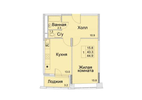 1-к квартира, улица Советская, дом 1, площадь 44,9, этаж 10