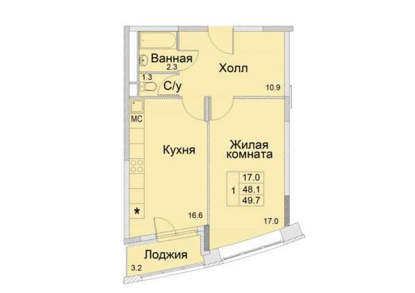 1-к квартира, улица Советская, дом 1, площадь 49,7 этаж 17